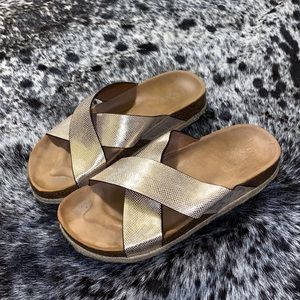 Gold Metallic Snake Print Criss Cross Sandals